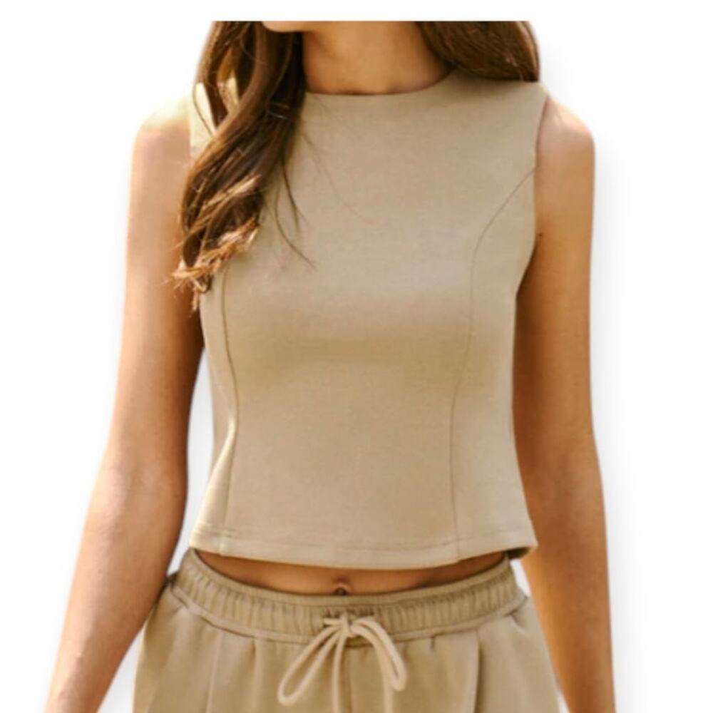 Commense Tan Sleeveless Crew Neck Jersey Top Size M NWT Modern Chic